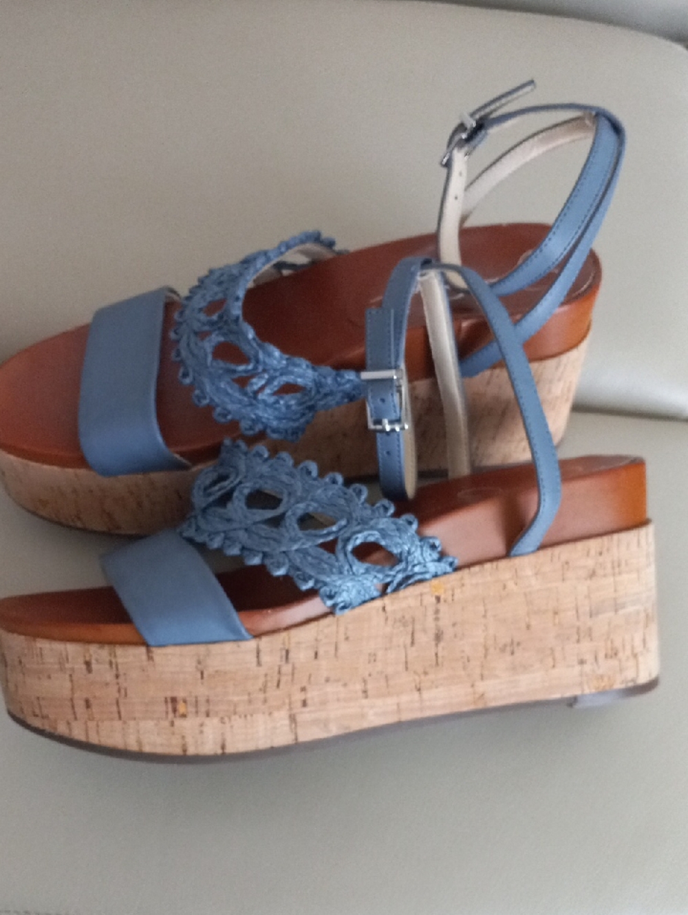Jessica Simpson Light Blue Crochet Cork Platform Wedges